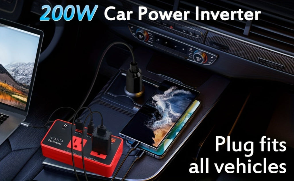 Car Power Inverter 200W – 12V DC to 110V AC, 4 USB Ports (PD & QC 3.0), Fast Charging Car Outlet Adapter for Road Trips — ima