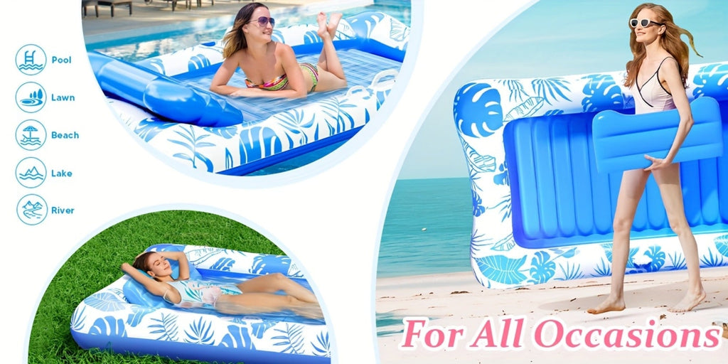 Blue-and-White Inflatable Pool Mattress with Removable Headrest, Cup Holder and 83.5 x 52.4-Inch Base — image 10