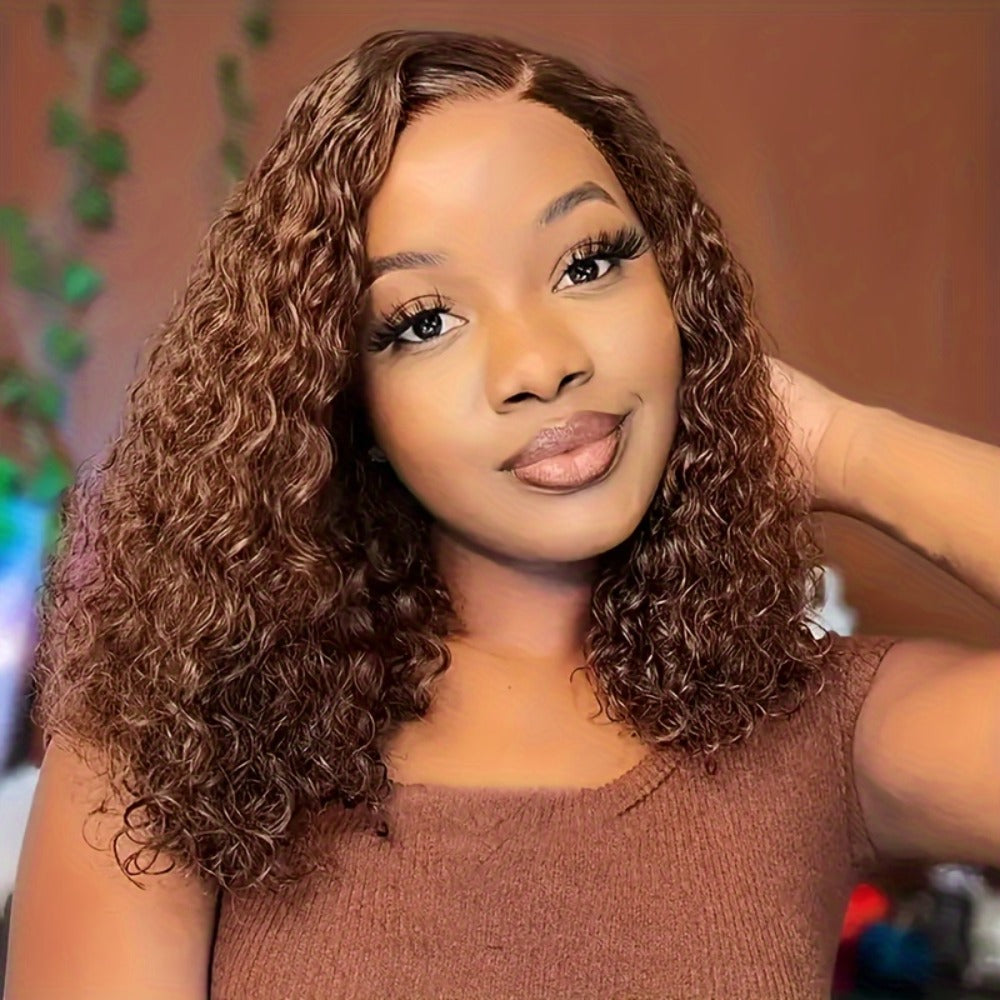 4x4 HD Lace Closure Curly Bob Wig Reddish Brown #33 Human Hair Pre-Plucked Glueless Short Bob with Baby Hair 20 Inch Warm Aub