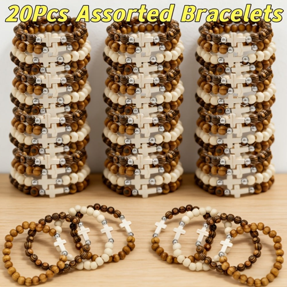 Cross Bracelets Bulk for Baptism Party Favors, 20/40PCS Vintage Ethnic Alloy Cross Pendant Woven Elastic Bracelets — image 3