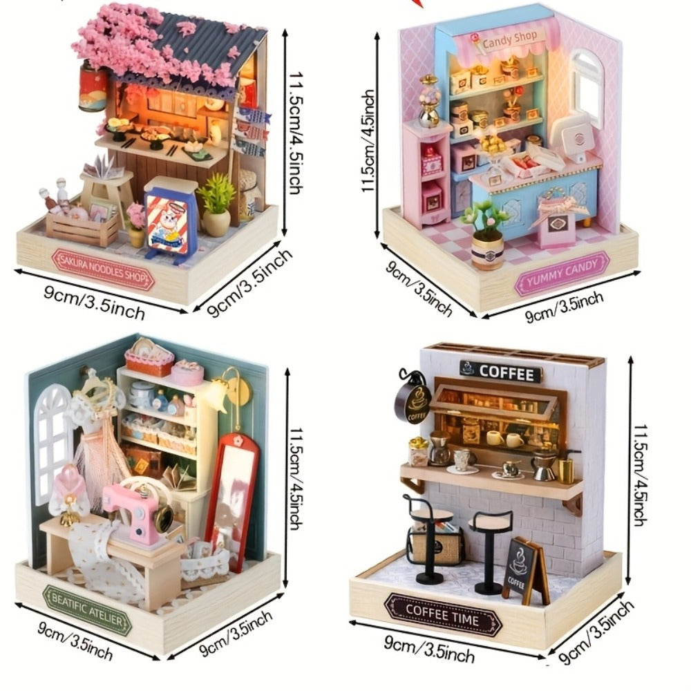 DIY Miniature Shop Dollhouse Kit with Dust Cover, Wooden Mini Store Assembly Set, 4 Themes Sakura Noodles Candy Atelier Coffe