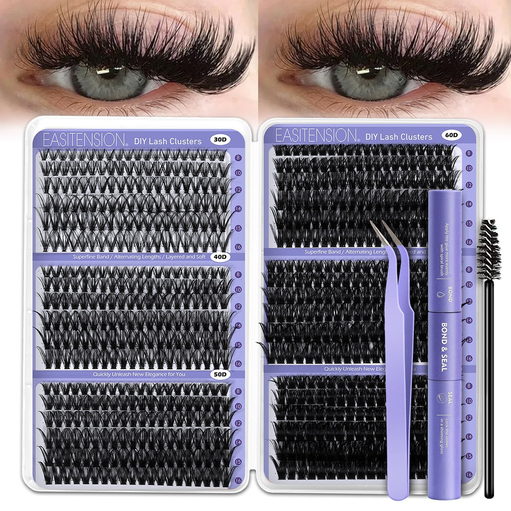 Premade Lash Clusters 708Pcs Mixed Length 30D 50D 80D 100D Wispy Volume Kit – Natural Fluffy DIY Lash Extensions with Bond Se