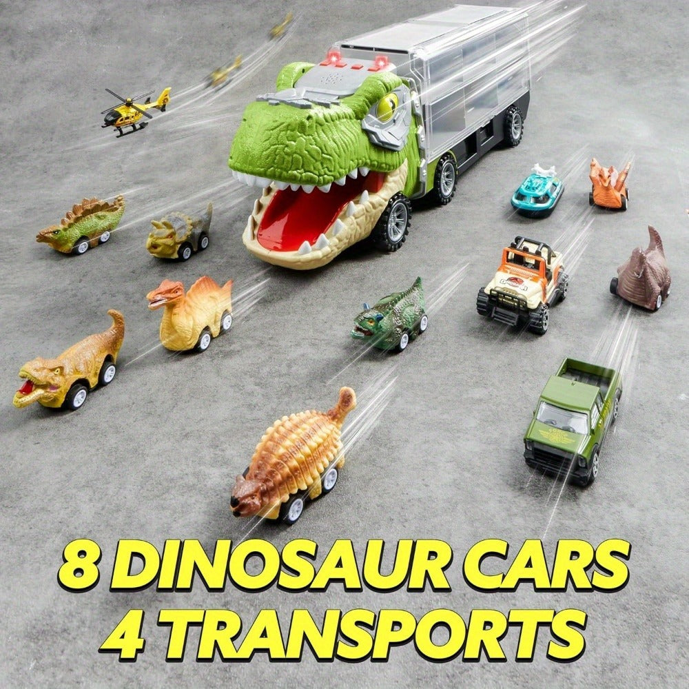 Dinosaur Truck Toy Set 13 PCS, Transport Carrier Truck with Lights & Sounds + 8 Pull-Back Cars + 3 Die-Cast Dino Vehicles + H