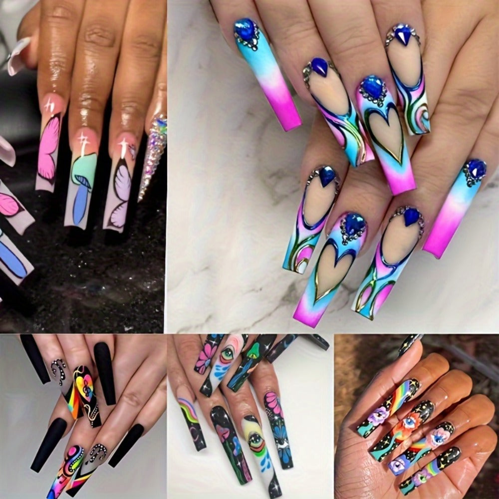 Press On Nails 120-Piece Extra-Long Five-Box Cosmic Eye Rhinestone Matte Floral Stripe Set with Glue — image 3