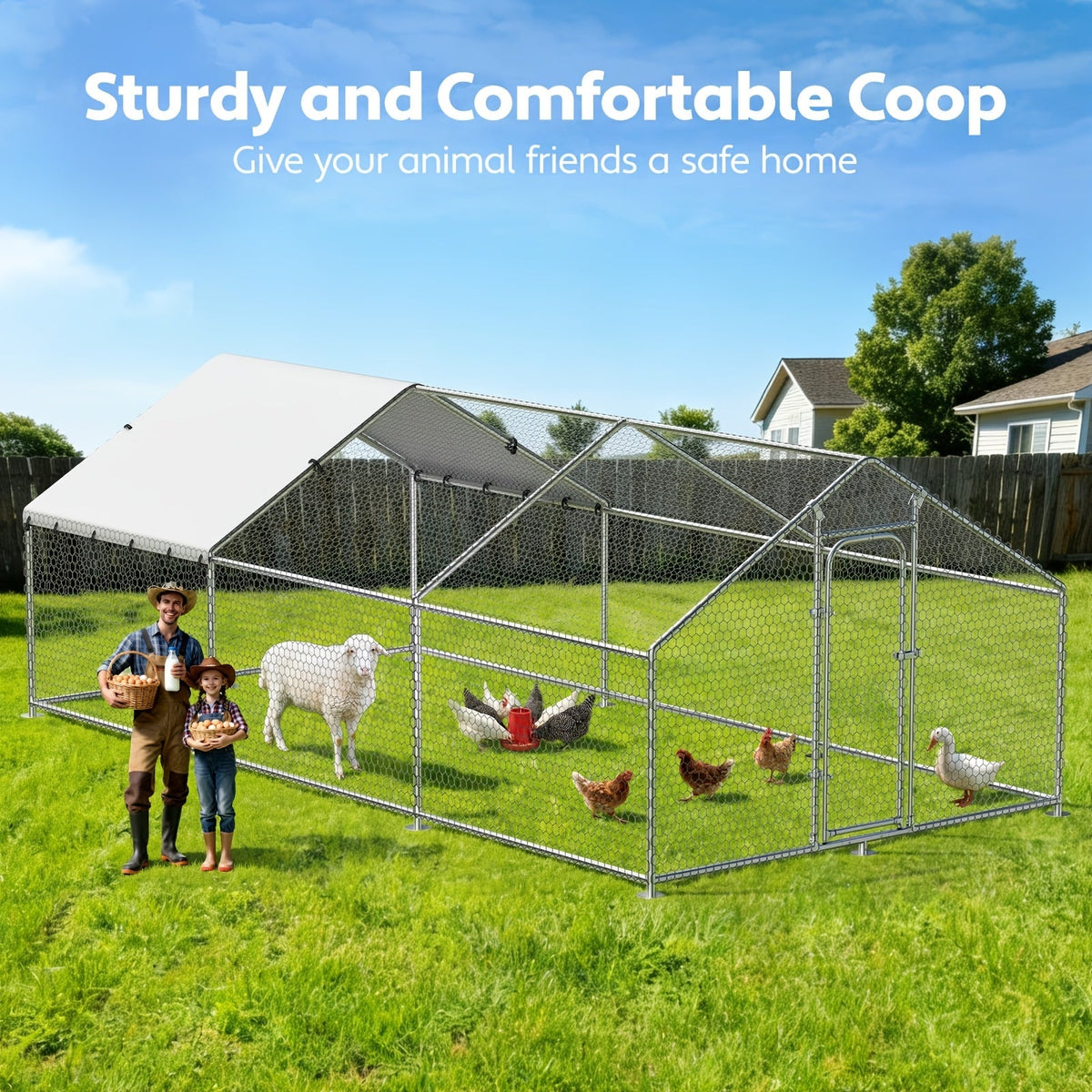 Dog Kennel Outdoor Large Metal Walk-in Chicken Run Pen Poultry Cage with Anti-UV Cover Movable Rack for Garden, Patio and Yar