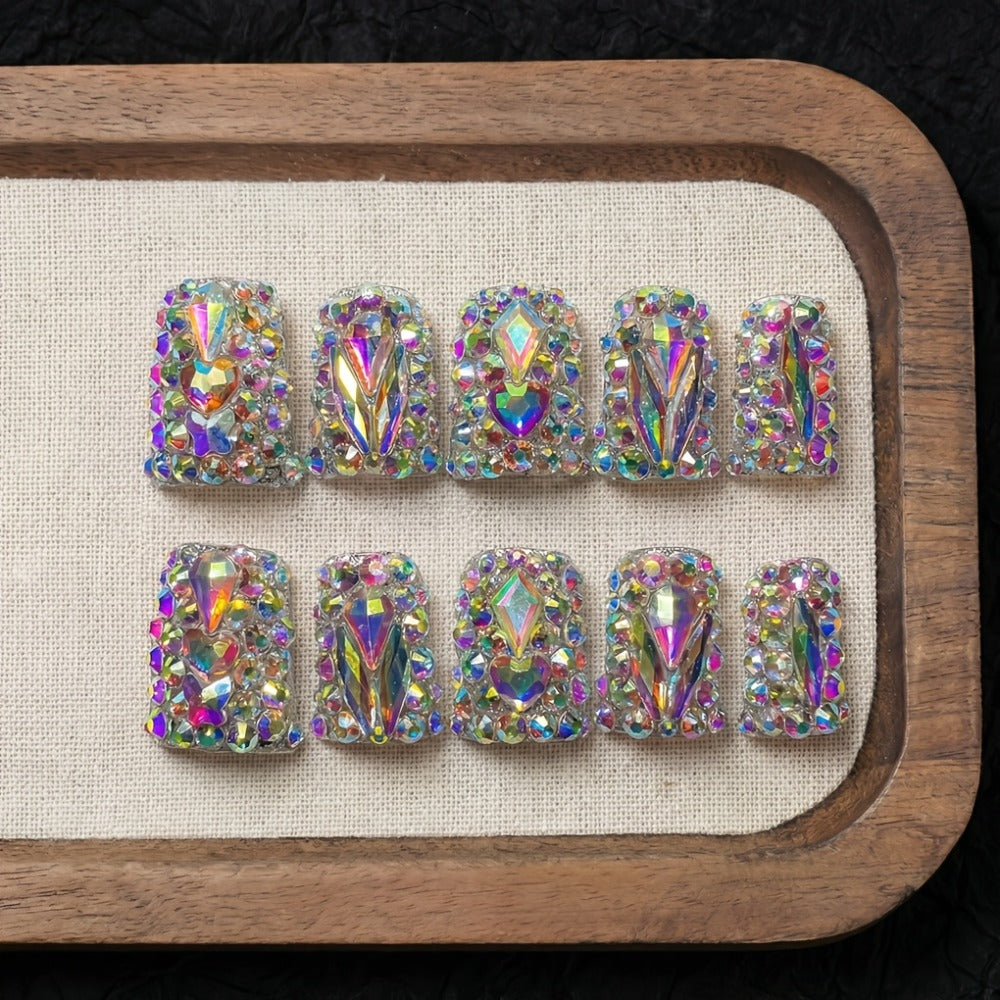 Press On Nails 10-Piece Short Duckbill Set with Glossy Mixed Colors, AB Crystals and Gel Adhesive Tabs — image 3