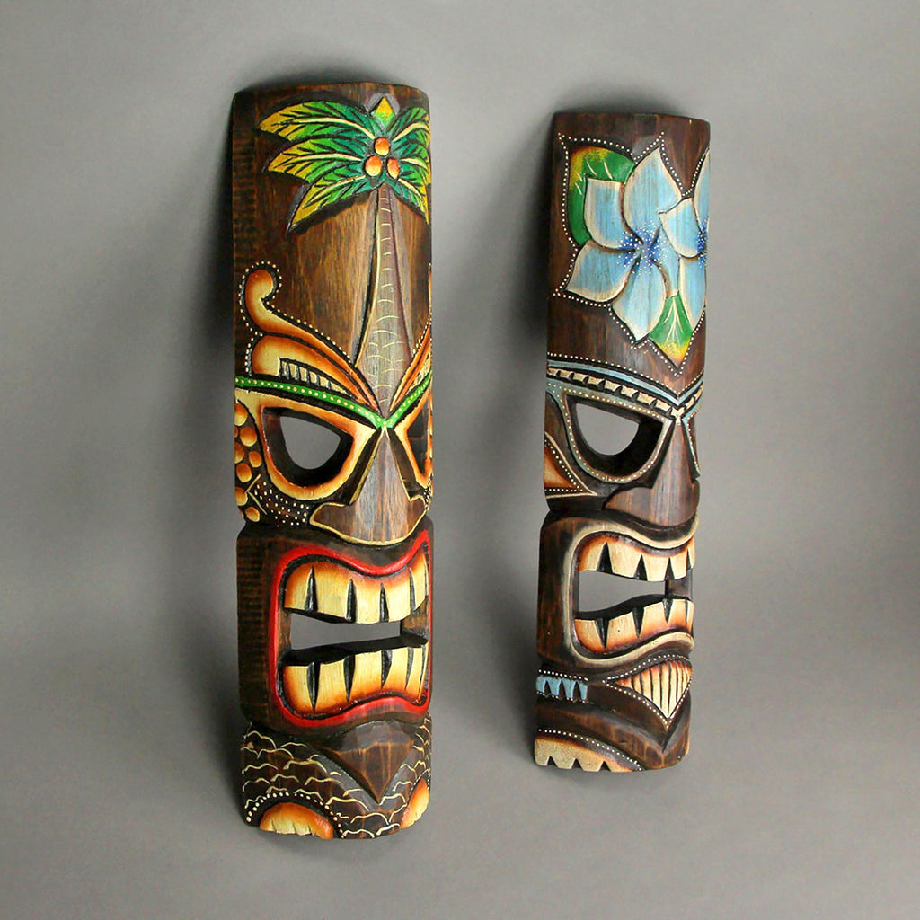 Tiki Wall Masks Set of 2 – Hand Carved Wooden 20" Tropical Decor with Palm Tree & Plumeria Designs for Indoor Outdoor Patio B