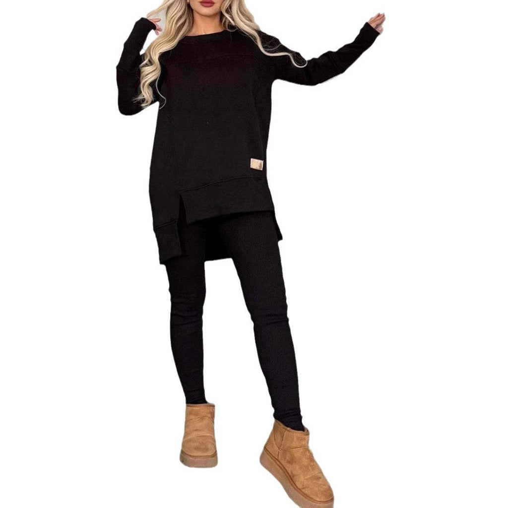 Women's Slit Long Sleeve Top And Trousers Suit