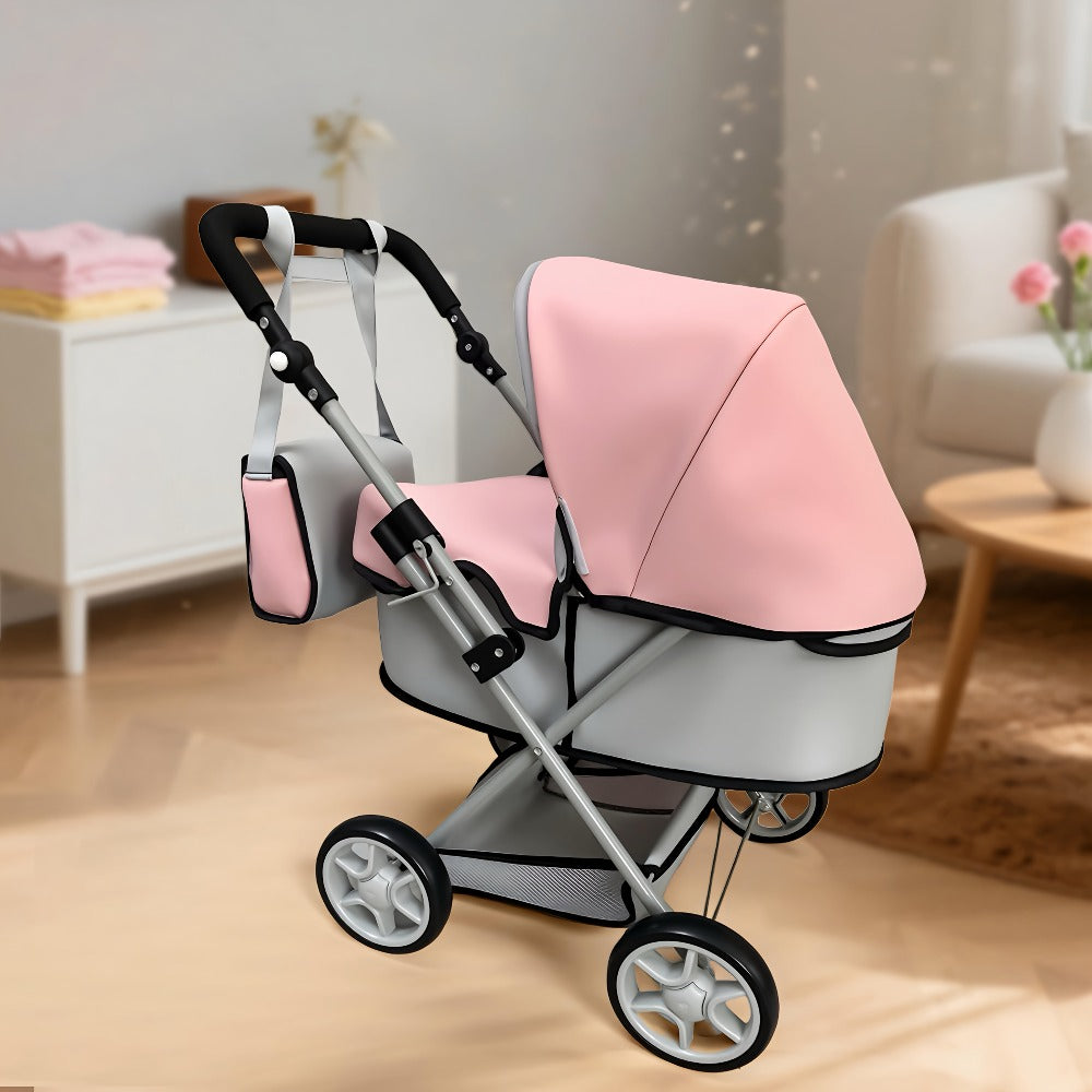 Foldable Doll Stroller with Adjustable Handle 39-68cm, Grey & Pink Baby Doll Pram for 16-20 Inch Dolls — image 4