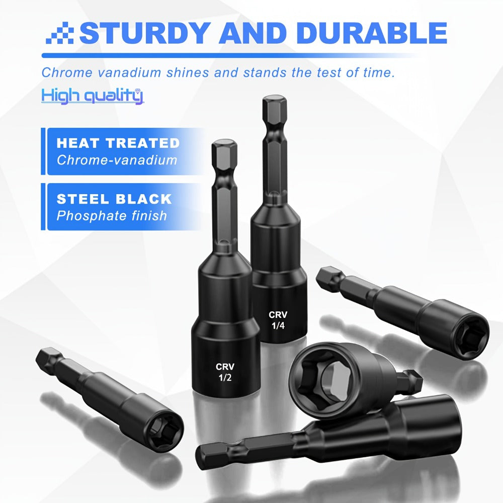 Magnetic Nut Driver Set 15-Piece 1/4" Hex Shank – SAE 1/4" to 9/16" & Metric 6-14mm Chrome Vanadium Steel Impact Nut Drivers 