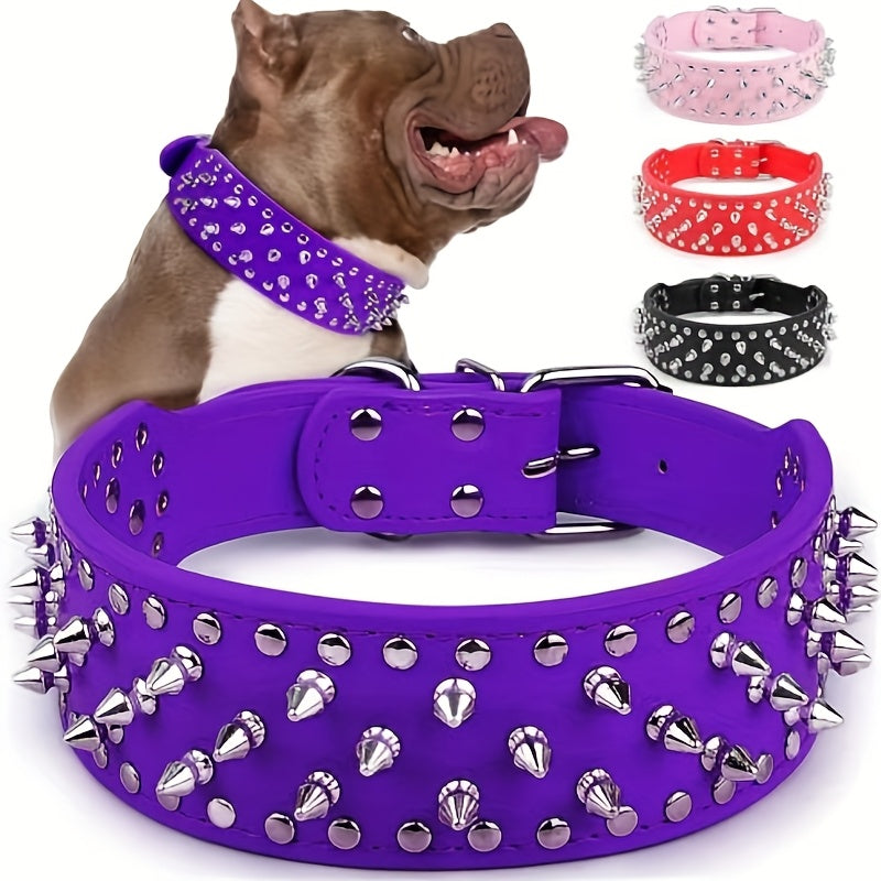 Wide Studded Dog Collar with Faux-Leather Band, Metal Spikes and Rivets in Six Colors, Sizes M and L — image 12