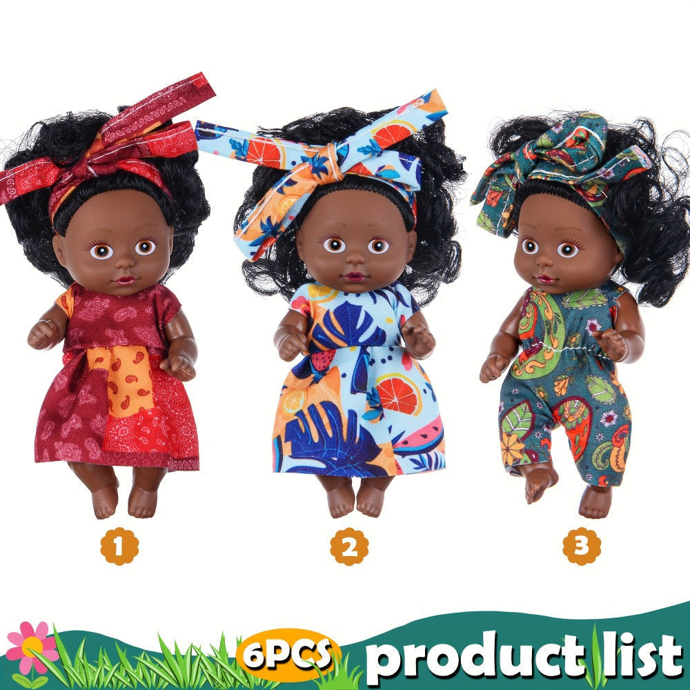 Mini Baby Doll Six-Piece Set with Dark Skin Tones, 4.53-Inch Dolls, Curly Hair and Patterned Outfits — image 6