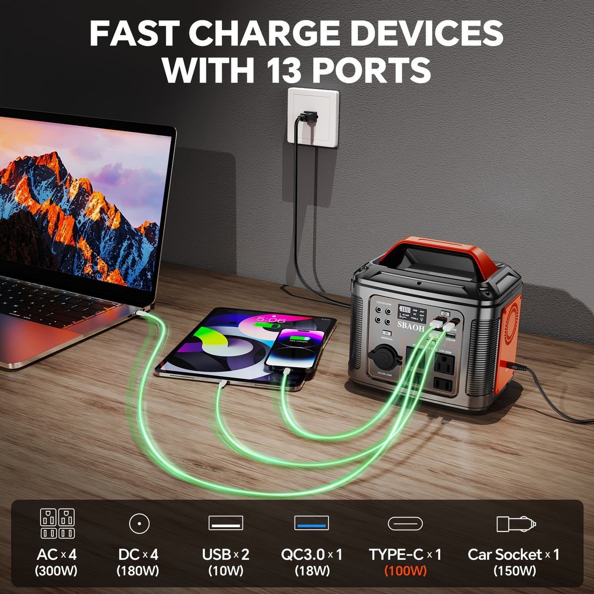 Portable Power Station 296Wh 300W with AC, DC, USB, LED Light and Optional 60W Solar Panel — image 8