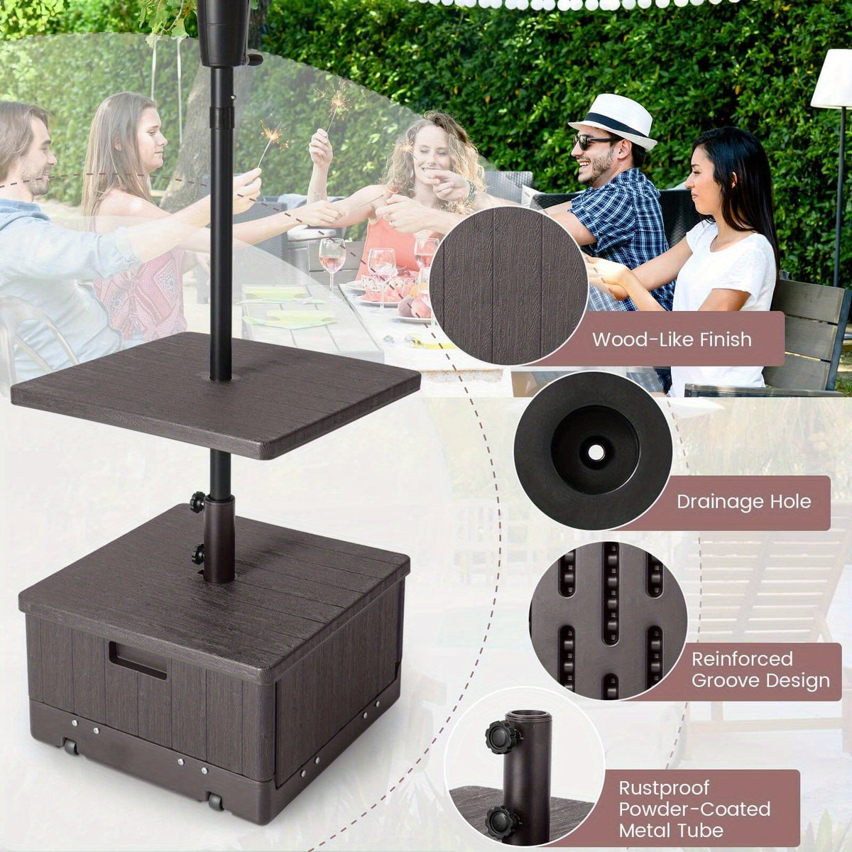 Patio Umbrella Base 3-in-1 Fillable with Table Tray & Planter Box Wheeled Stand Fits 1.5"/1.9" Poles for Garden, Patio and Ya