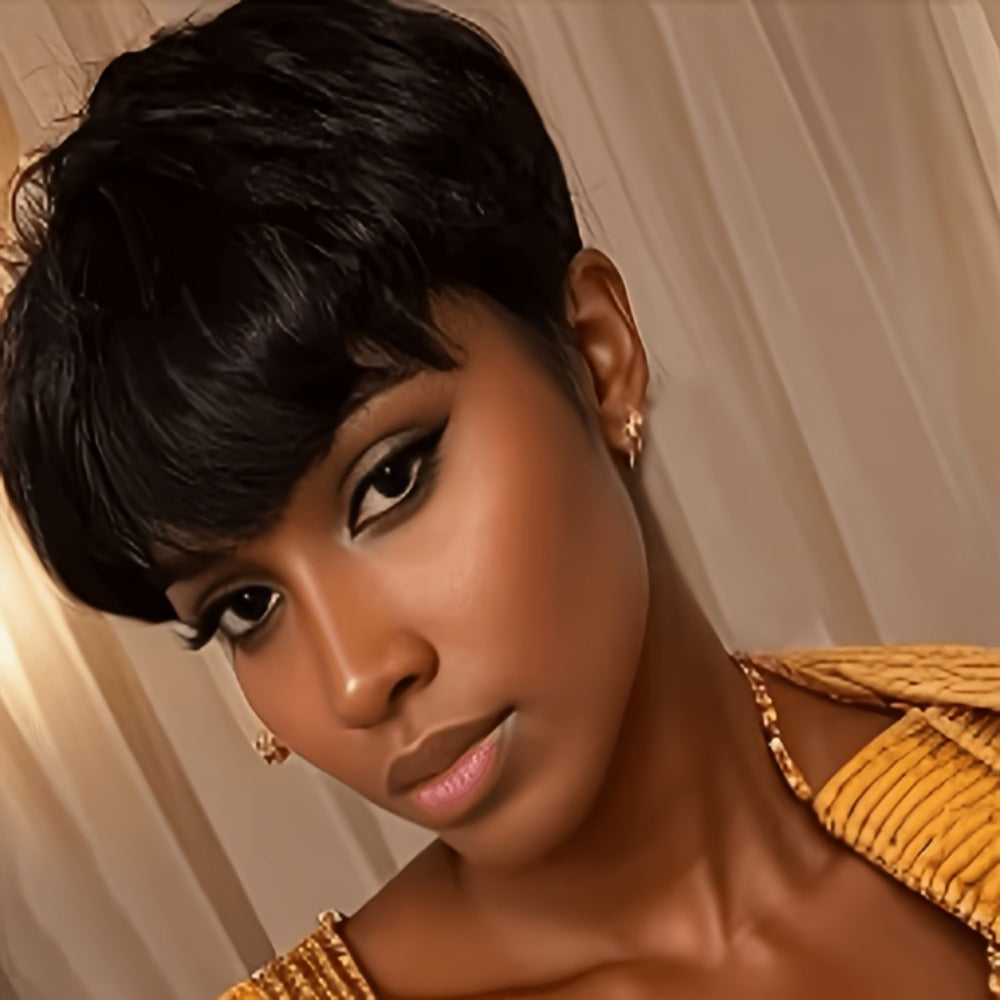 6-Inch Pixie Cut Human Hair Wig with Full Bangs, 180% Density and Black or Burgundy Color Selections — image 2