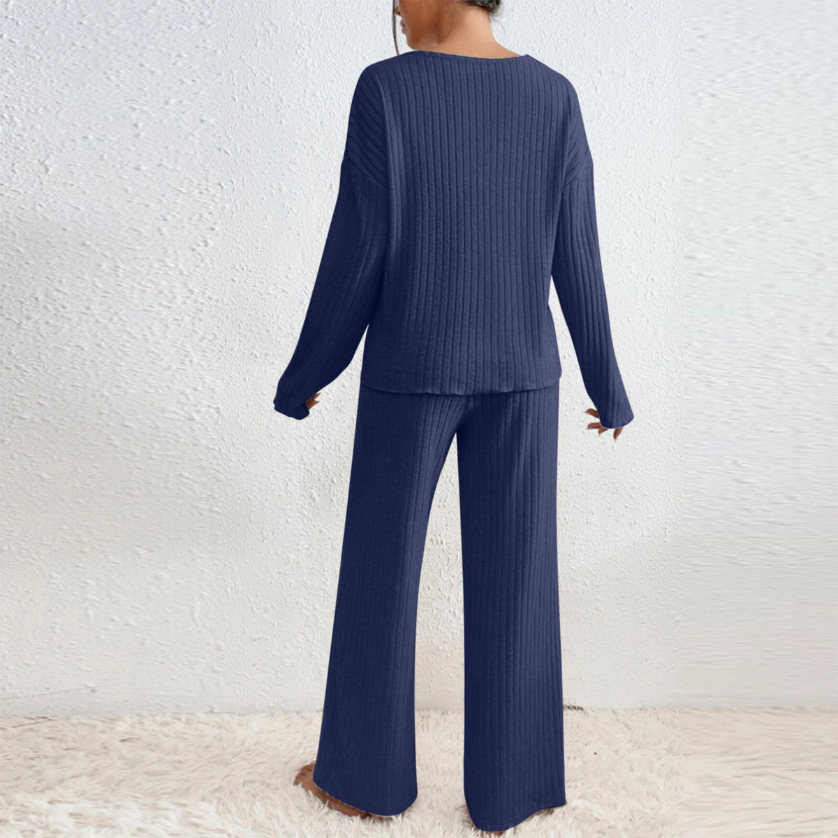 Long Sleeve V-neck Knitted Sunken Stripe Brushed Loose Leisure Suit