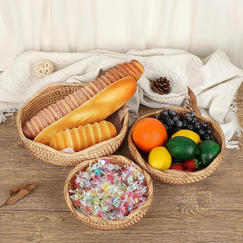 Rattan Tray Bowl – 8.5 Inch Hand Woven Natural Wicker Basket Tray for Fruit, Bread, Keys, Tabletop Decor, Kitchen, Entryway &