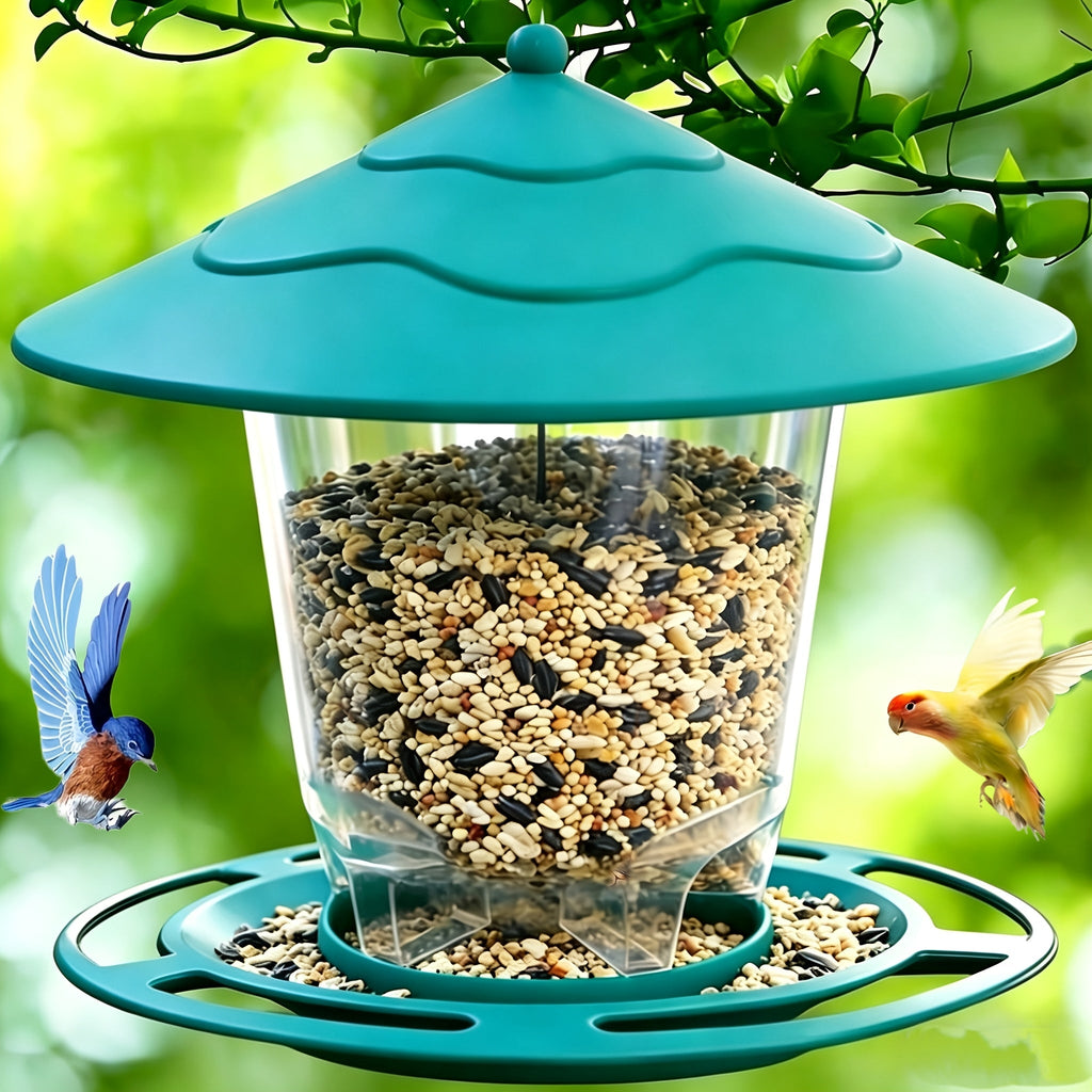 Hanging Bird Feeder with Tiered Roof, Clear Seed Chamber and Brown, Grey or Green Finish Options — image 4