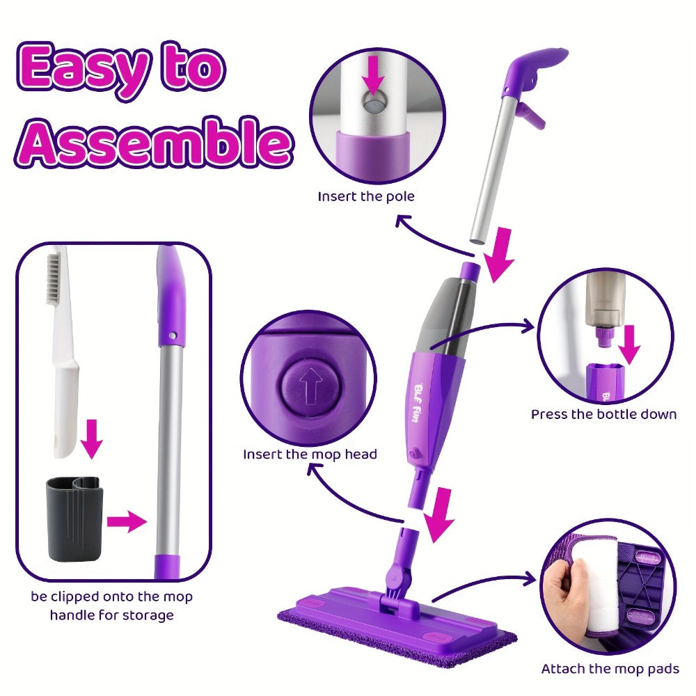 Purple Pretend Play Spray Mop Set with 29-Inch Sectional Handle, Squeeze Trigger and Two Mop Pads — image 4