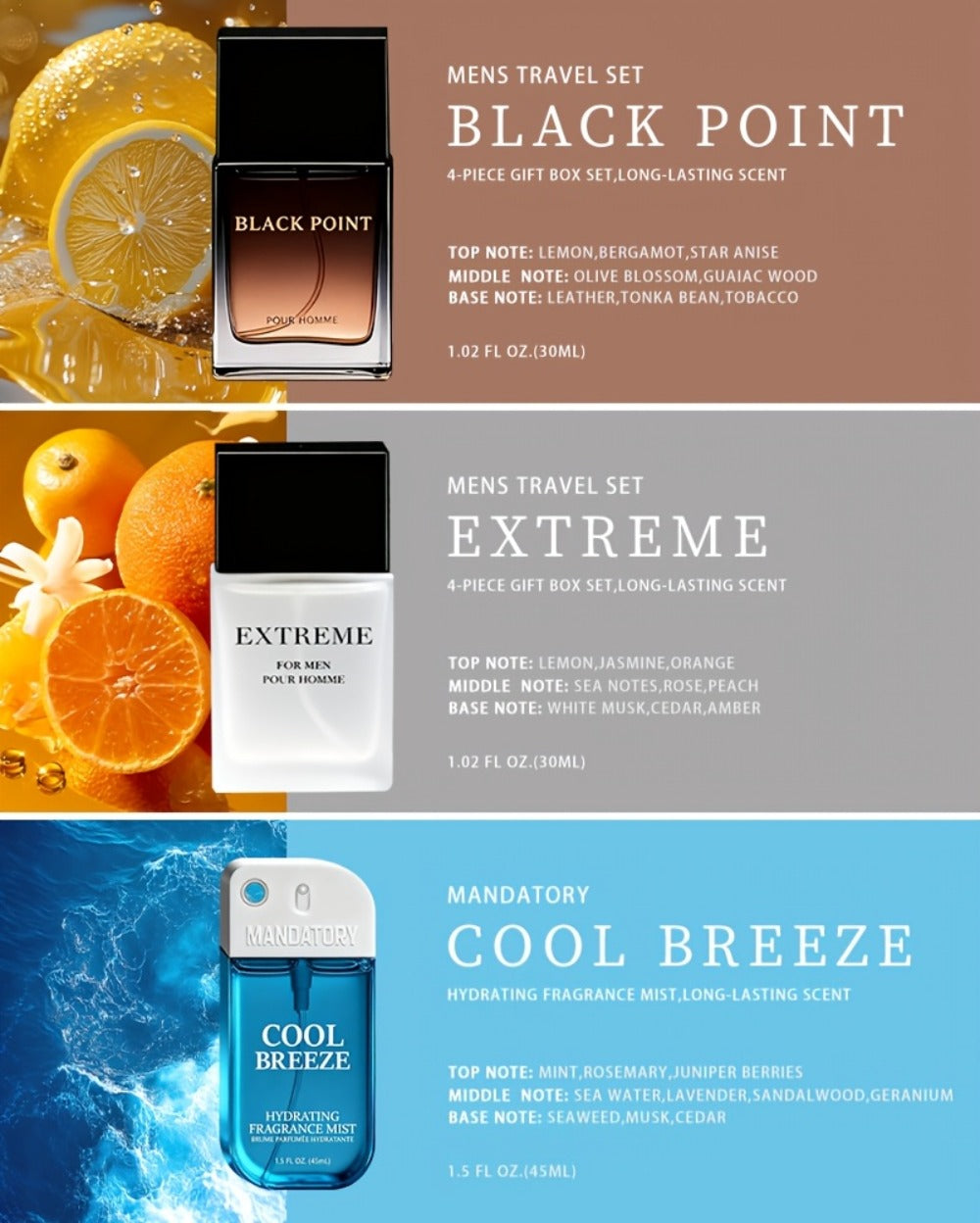 Perfume Gift Set for Men with Four 30ml Eau de Parfum Sprays in Black Box and Separate 1.5oz Body Mist — image 12