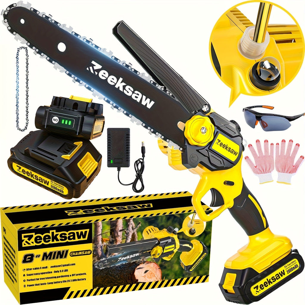 Cordless Mini Chainsaw 8 Inch with 2x2.0Ah Batteries & Charger, Auto Oiler, Chain Tensioning, 26ft/s Speed for Tree Branches 
