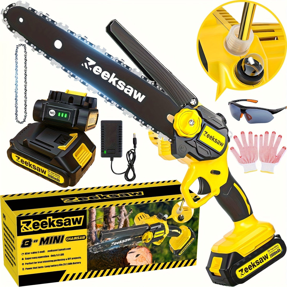 Cordless Mini Chainsaw 8 Inch with 2x2.0Ah Batteries & Charger, Auto Oiler, Chain Tensioning, 26ft/s Speed for Tree Branches 