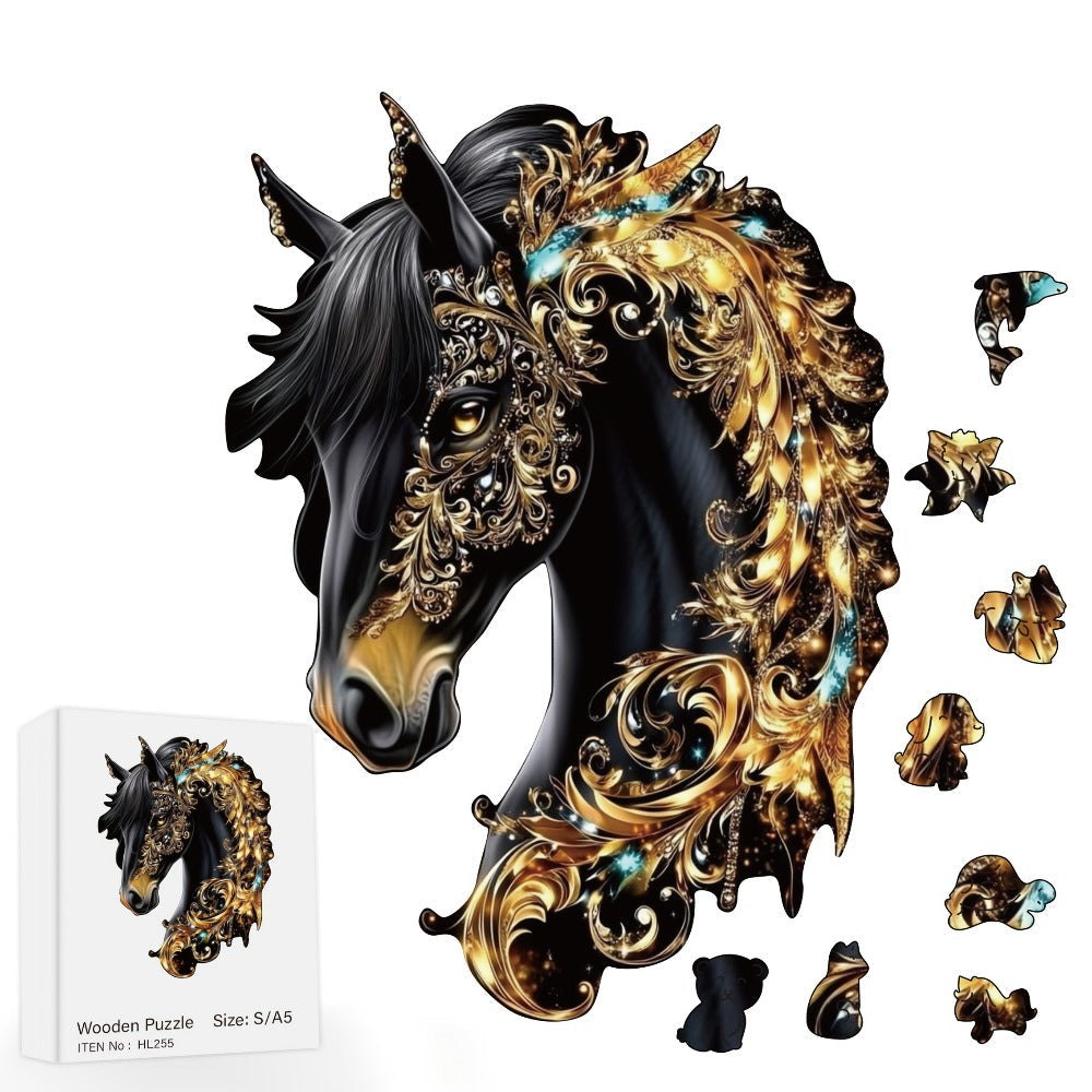 Ornate Horse Silhouette Wooden Jigsaw Puzzle with Gold-Tone Scrollwork in Three Size Options for Display — image 2