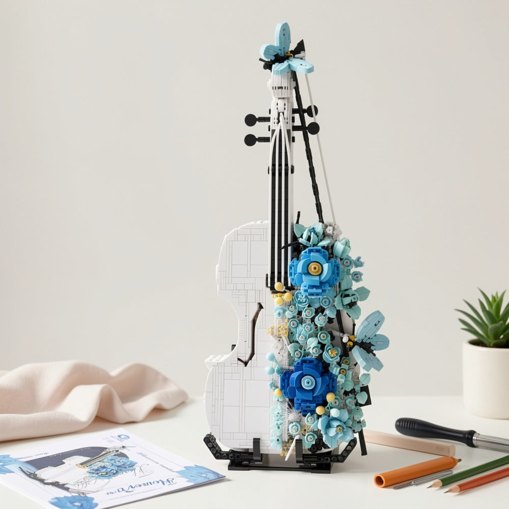 1419-Piece Flower Violin Building Block Model with Brick-Built Stand, Blue Blooms and Panel Detail — image 8