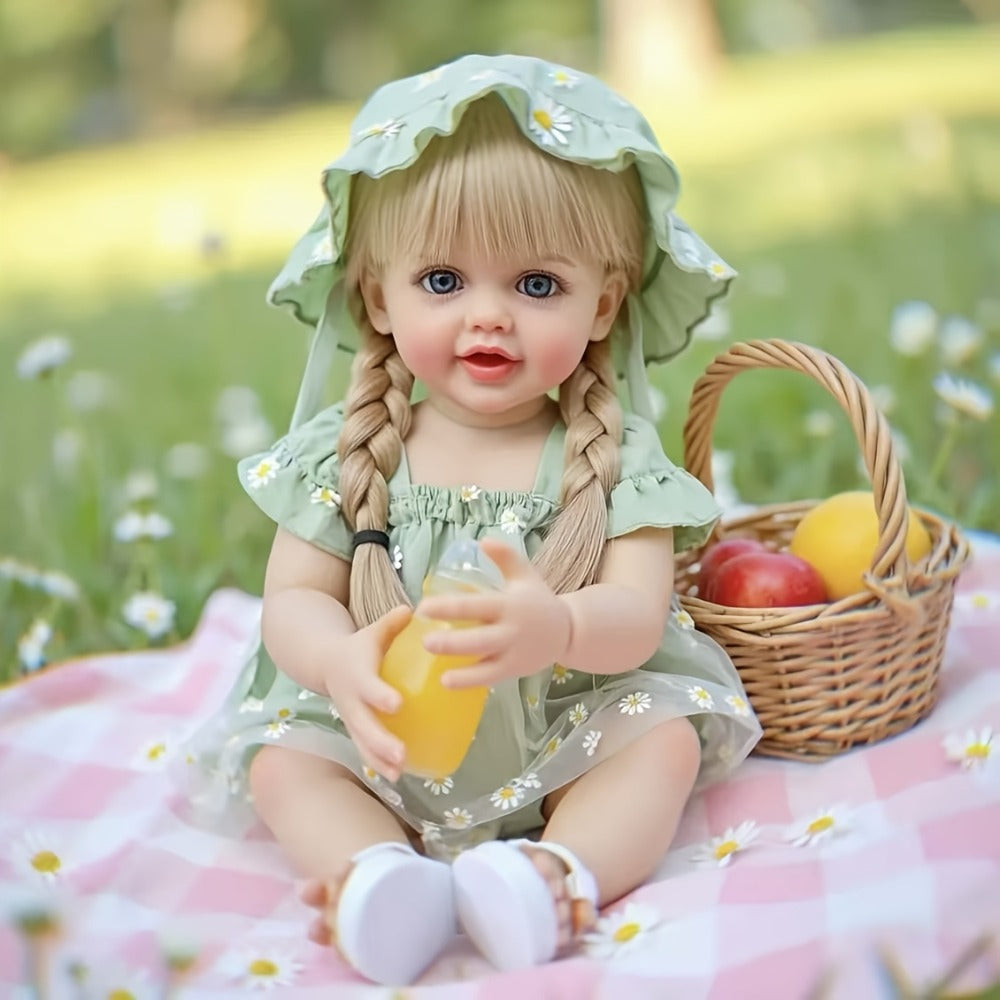 Reborn Baby Doll 22-Inch Full Vinyl Design with Long Blonde Hair, Open Eyes, Green Outfit and Accessories — image 2