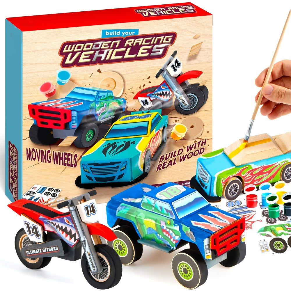 Build and Paint Wooden Vehicle Kit for Kids 144 Pieces, Race Car Motorcycle Monster Truck, 12 Colors 3 Brushes Racing Decals 