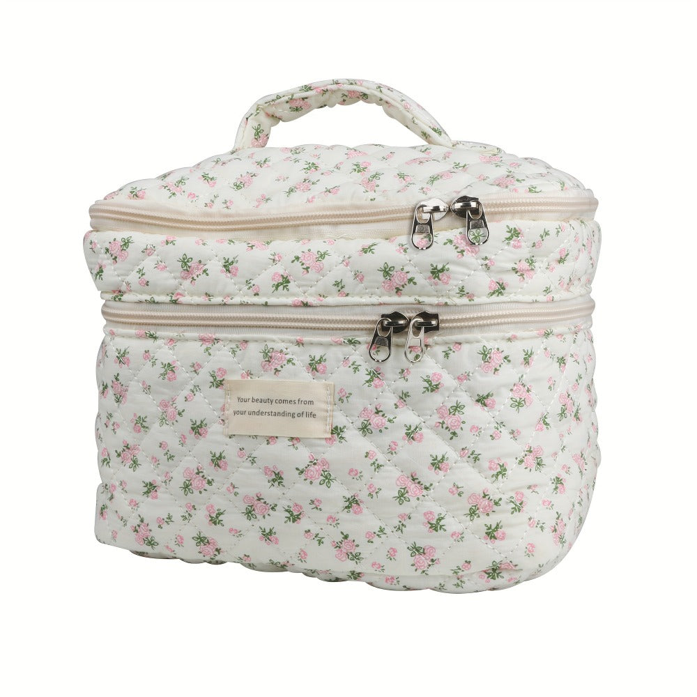 Makeup Bag Three-Piece Quilted Cotton Dual-Layer Floral Pouch Set for Travel, Vanity and Everyday Beauty Storage — image 13