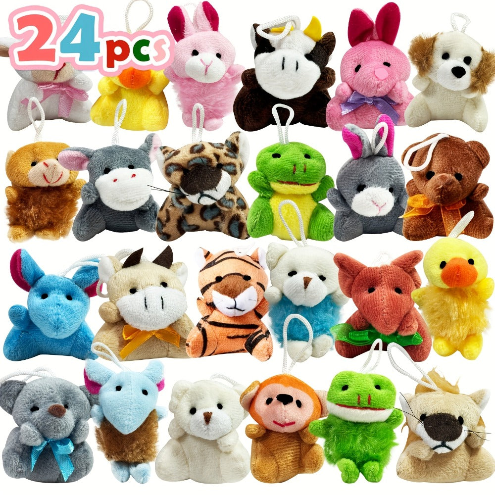 Mini Animal Plush Keychain 24 Pack Bulk, Small Stuffed Animals Assorted Random Colors, Party Favors for Kids — image 1