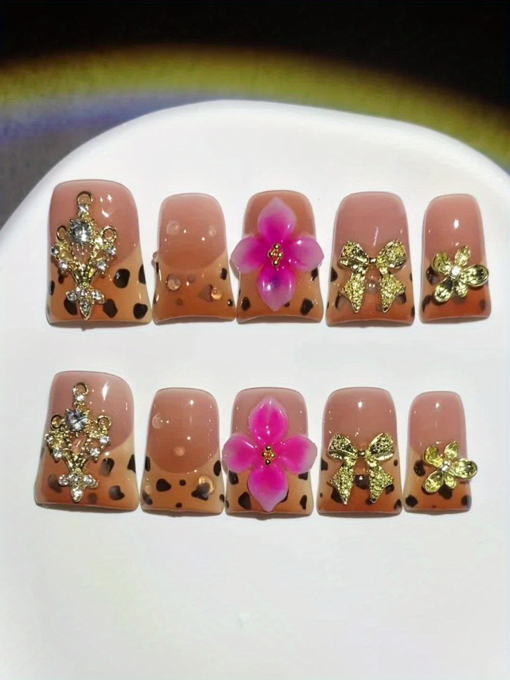 Press On Nails 10-Piece Medium Duckbill Set with Brown-Pink Gradient, 5D Flowers and Included Gel Tabs — image 11