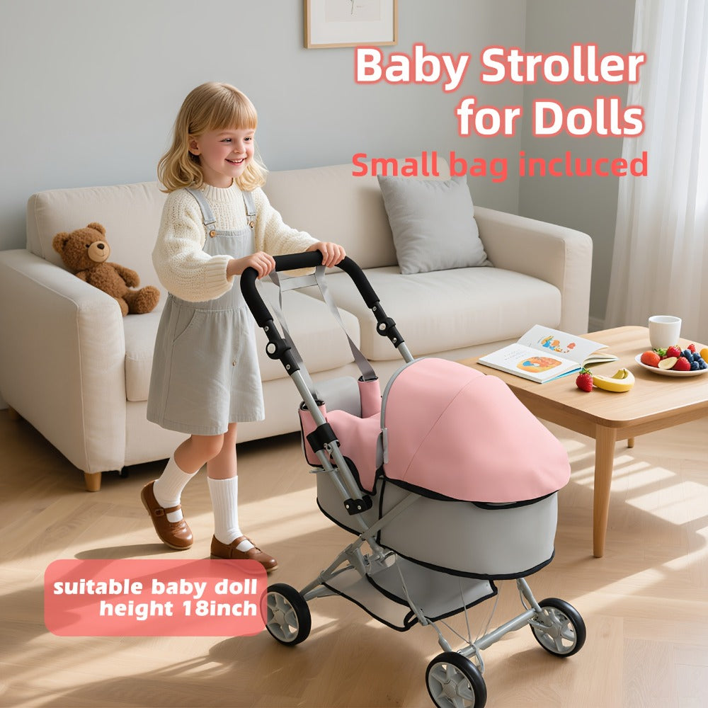 Foldable Doll Stroller with Adjustable Handle 39-68cm, Grey & Pink Baby Doll Pram for 16-20 Inch Dolls — image 6