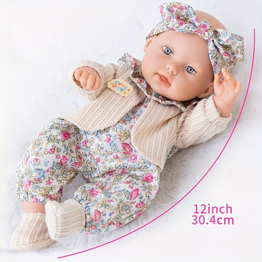 Floral Dress Baby Doll 12 Inch with Rabbit Plush Toy Gift Set, Realistic Vinyl Doll with Floral Outfit — image 3