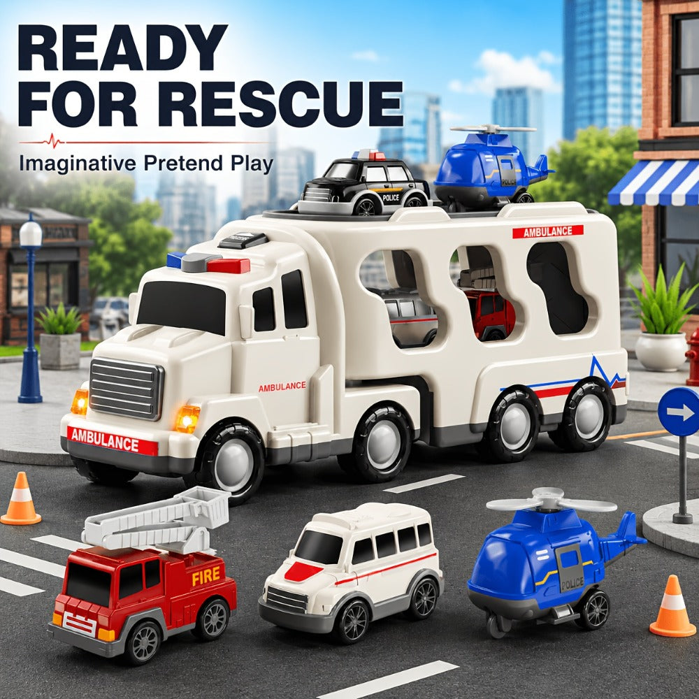Ambulance Carrier Truck Toy Set 5-in-1 with Light & Sound for Kids Ages 3-8 with the Listed Color, Size or Set Options for Ev