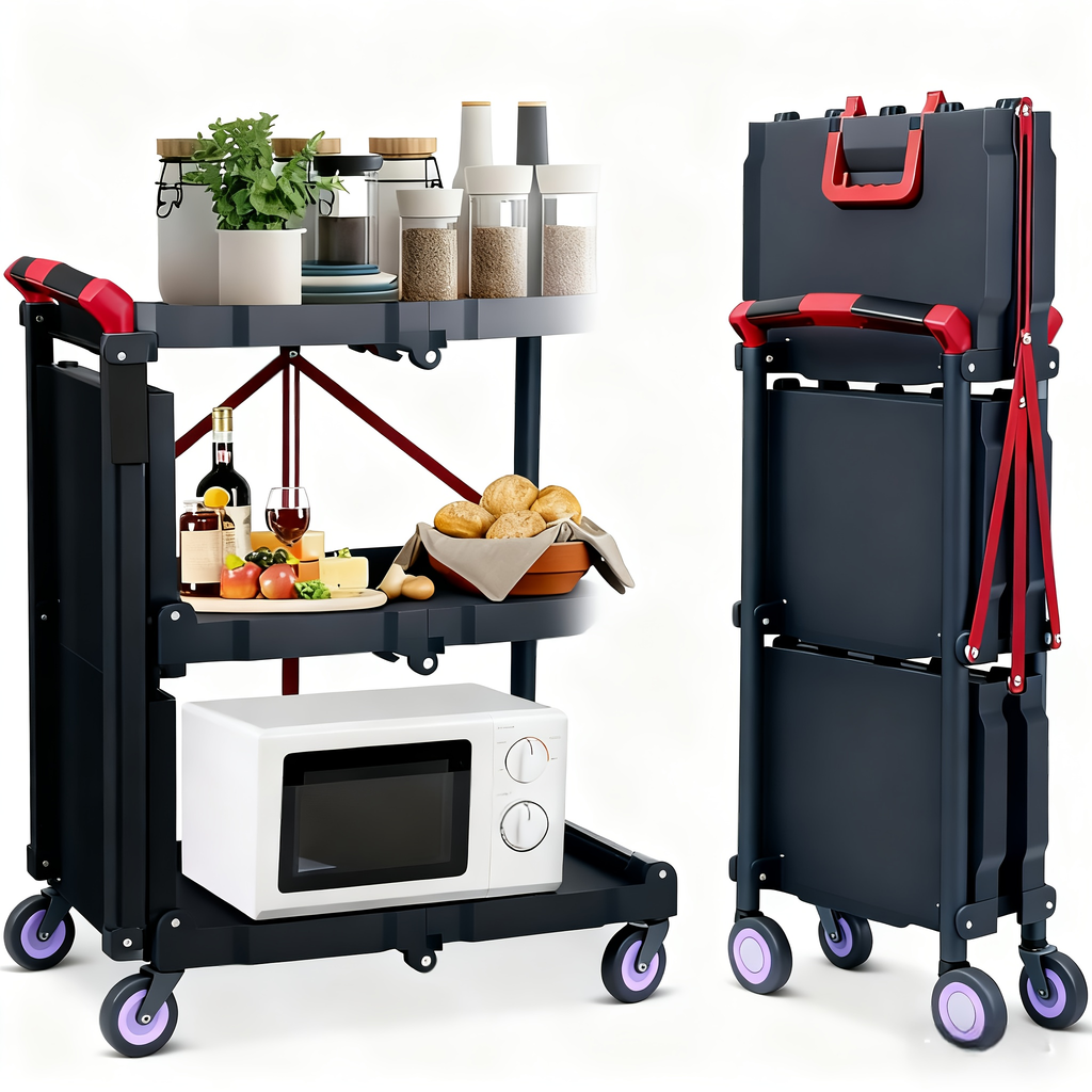 3-Tier Rolling Cart Collapsible Service Utility Cart on Wheels, Portable Folding 3 Shelf Cart for Kitchen Office Garage Works