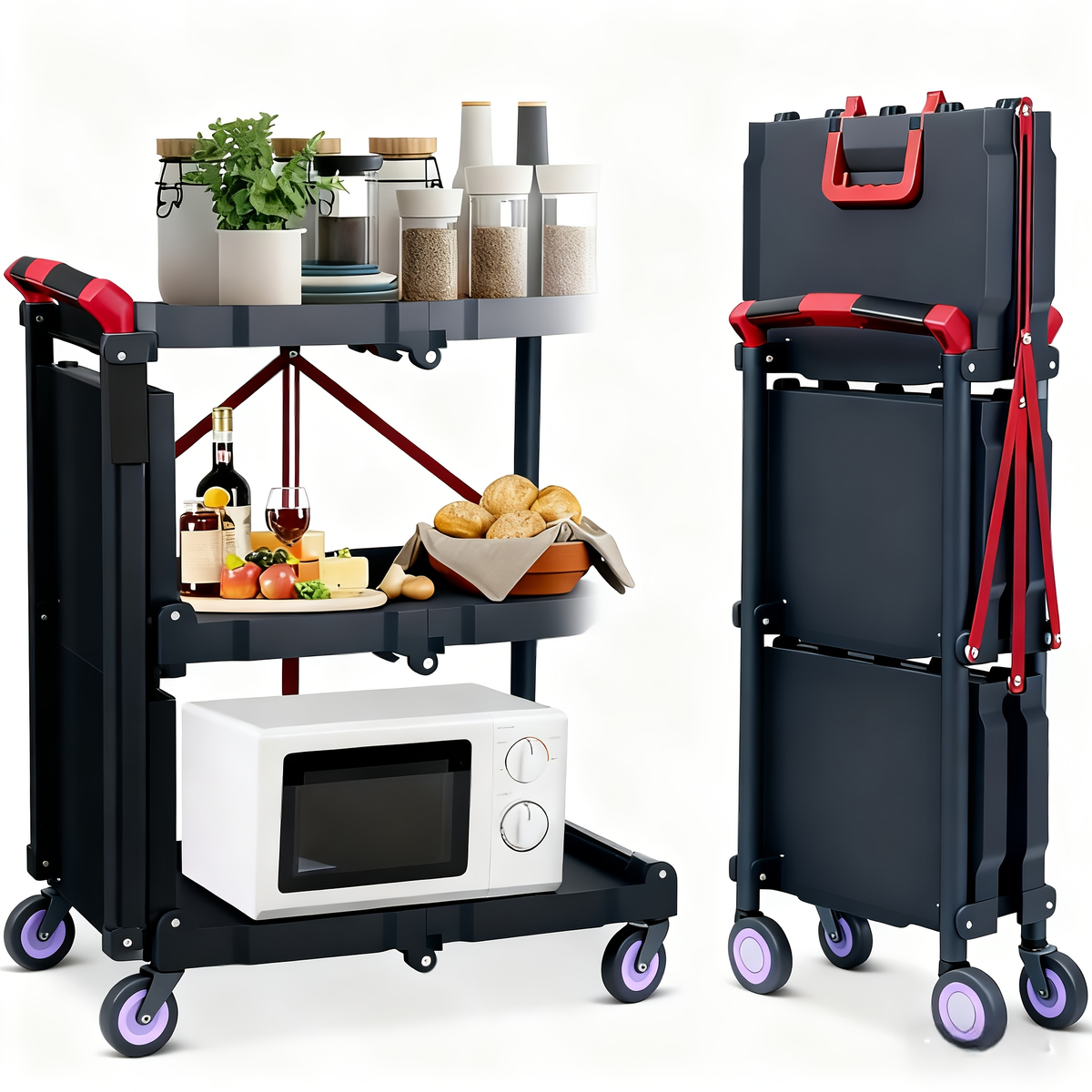 3-Tier Rolling Cart Collapsible Service Utility Cart on Wheels, Portable Folding 3 Shelf Cart for Kitchen Office Garage Works
