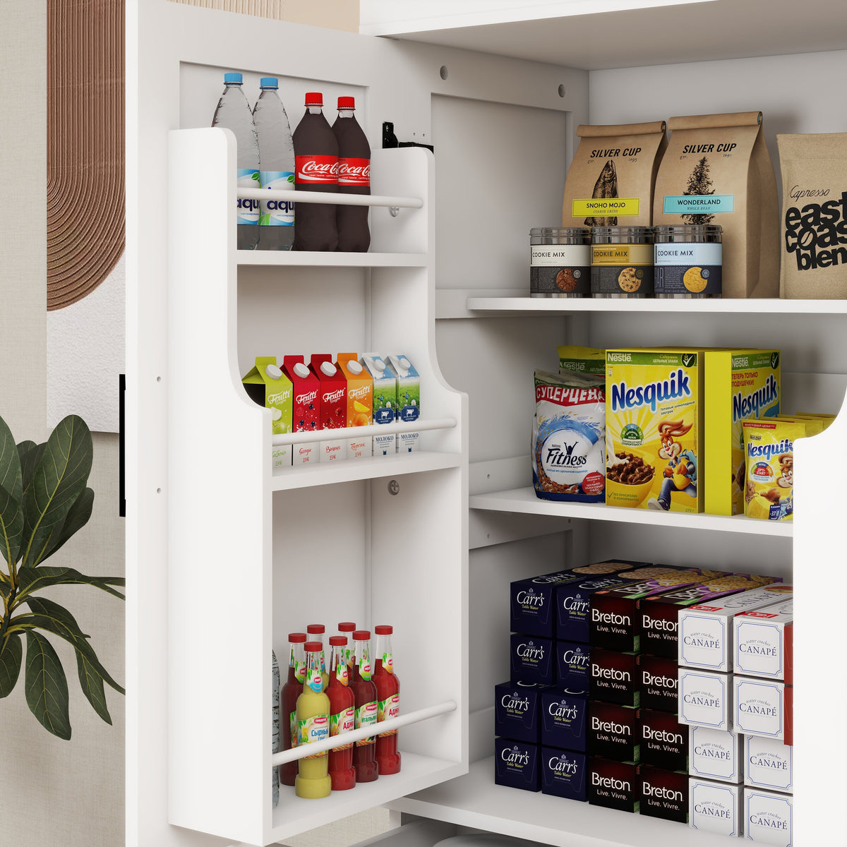 71" Kitchen Pantry Storage Cabinet with 4 Doors(2Doors with Racks)1 Drawer 2 Adjustable Shelves Freestanding Cupboard