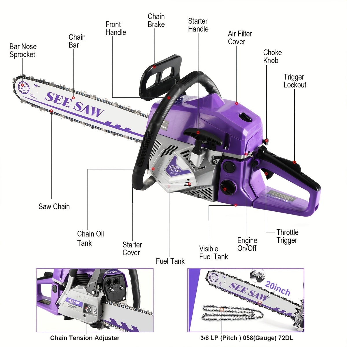 Chainsaw, Gas Powered Forestry Wood Cutting Farm Yard for Garden, Patio and Yard Use, with the Listed Configuration — image 5