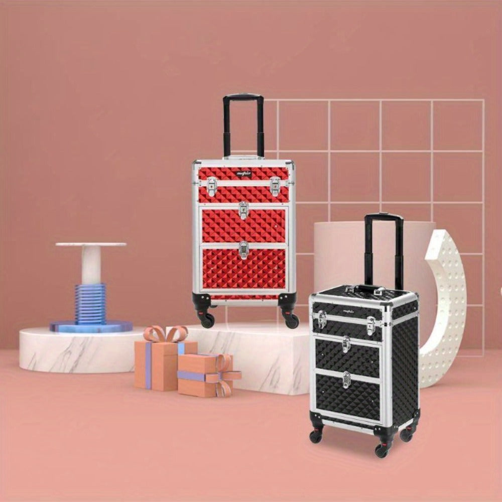 Black Rolling Makeup Train Case with Four Wheels, Telescoping Handle, Three Top Trays and Two Drawers — image 9