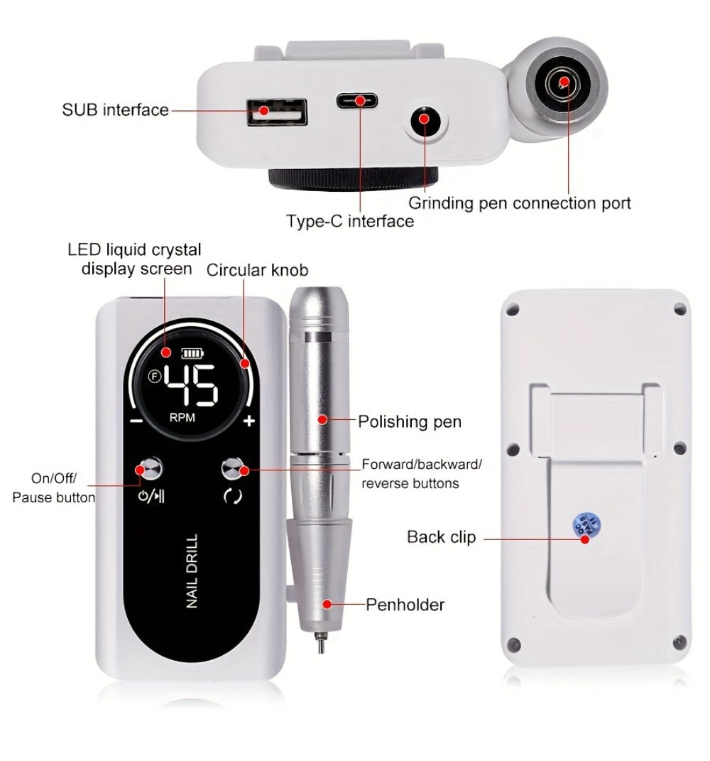 Electric Nail Drill 45000 RPM Cordless Kit with Power Display, Adjustable Speed and Three Colors — image 17