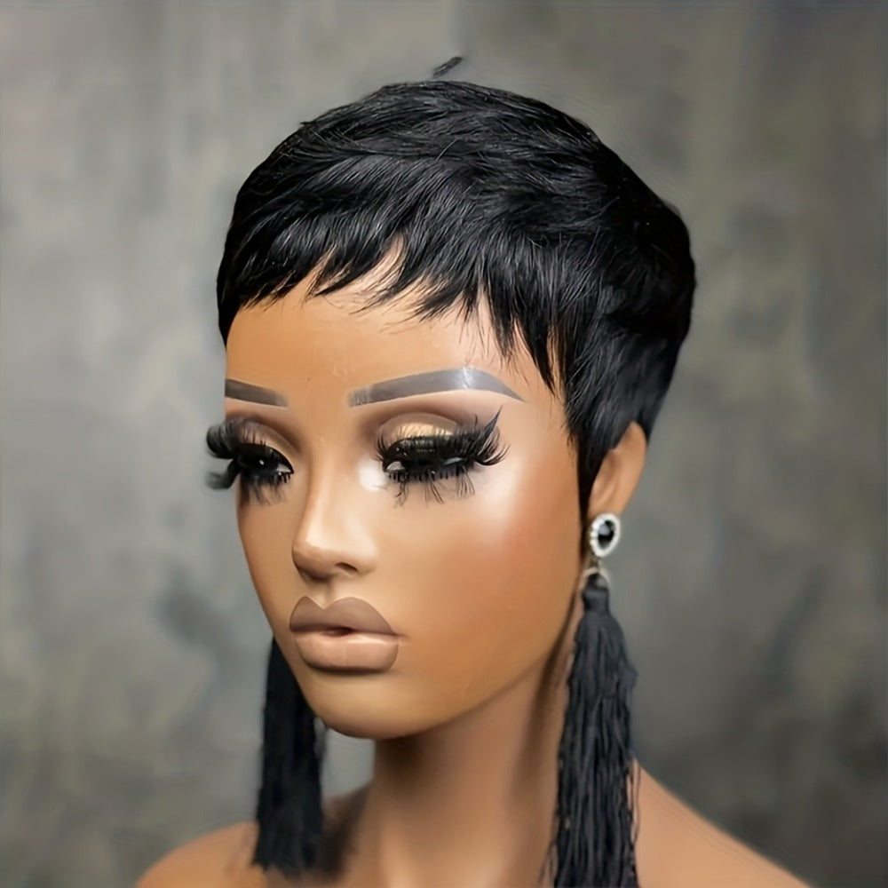 4-Inch Straight Layered Pixie Human Hair Wig in Black with 150% Density and Machine-Made Rose Net Cap — image 3
