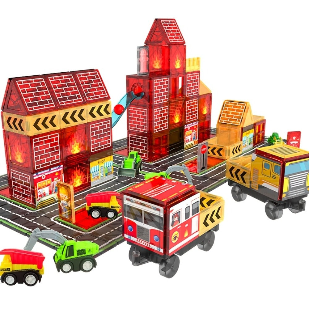 Magnetic Tiles 56-Piece Fire Station Building Set with Road Panels, Crane, Ramps and Vehicle Pieces — image 1