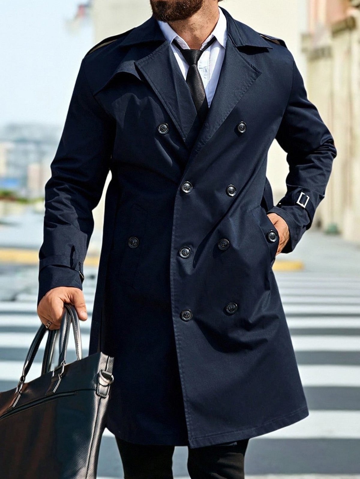 Mens Mid-length Double-breasted Casual Trench Coat