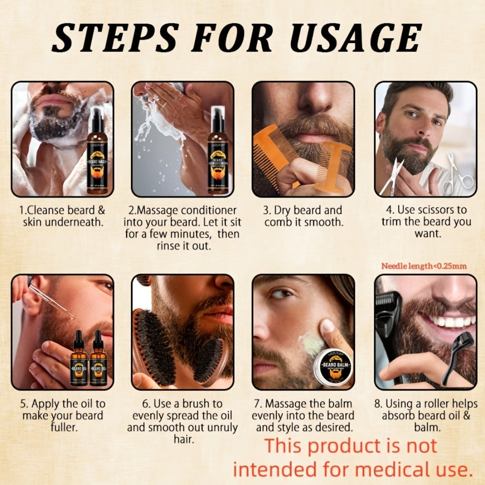 Beard Oil & Balm Grooming Kit for Men – 9-Piece Complete Beard Care Set with Conditioner Wash Brush Comb Clippers Travel Pouc