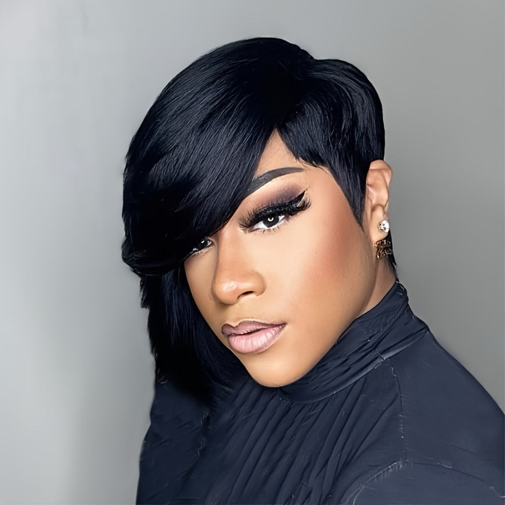 Layered Pixie Human Hair Wig with Side Bangs in #4 Brown, #99J Burgundy or #1 Black Color Options — image 10