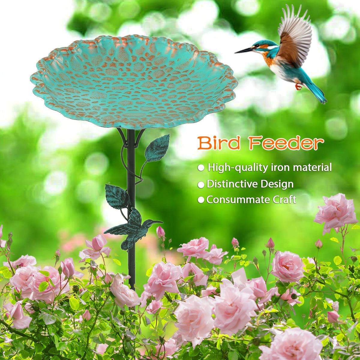 Green Sculpted Lotus-Leaf Bird Bath with 26 cm Bowl, 82 cm Ground Stake and Decorative Bird Perch — image 3