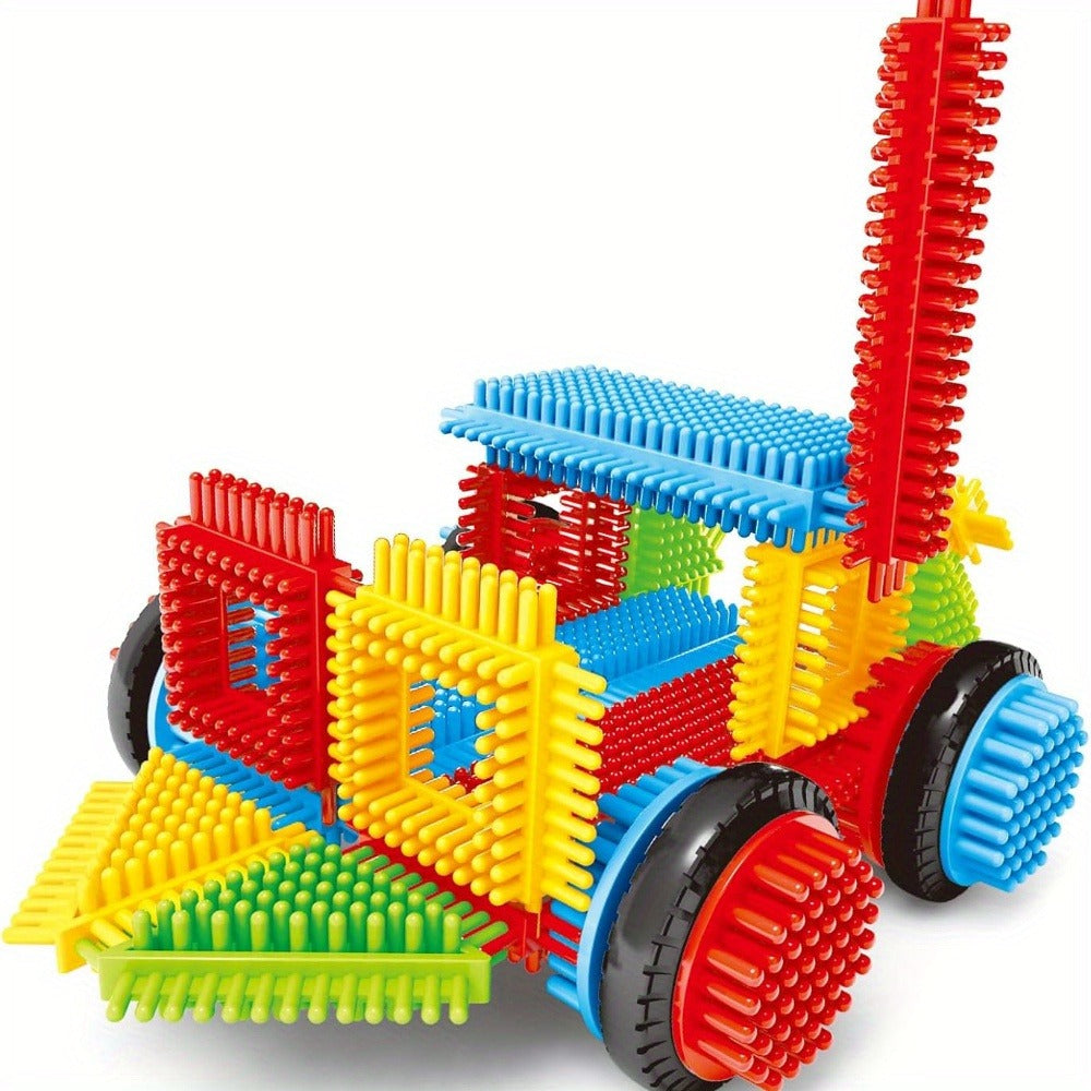 Building Block Set Bristle Construction Pieces, 150-Piece Colorful Interlocking Shapes with Storage Tub — image 9