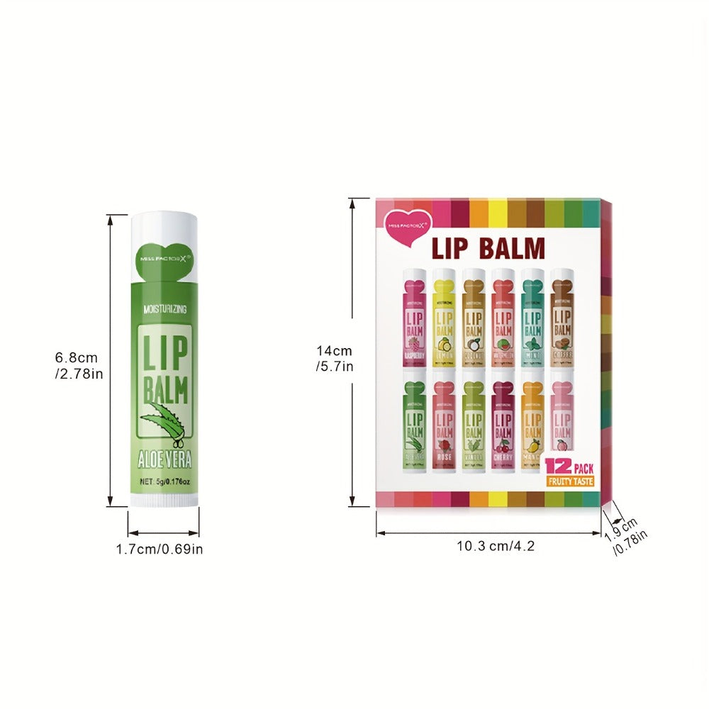 12-Piece Tube Lip Balm Set with 12 Pictured Fruit and Botanical Flavor Labels in a Display Box — image 5